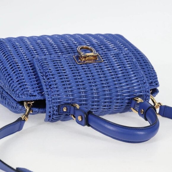 Salvatore Ferragamo Gancini Hand Bag Wicker 2way Blue Gold Auth 135631V - Picture 7 of 16